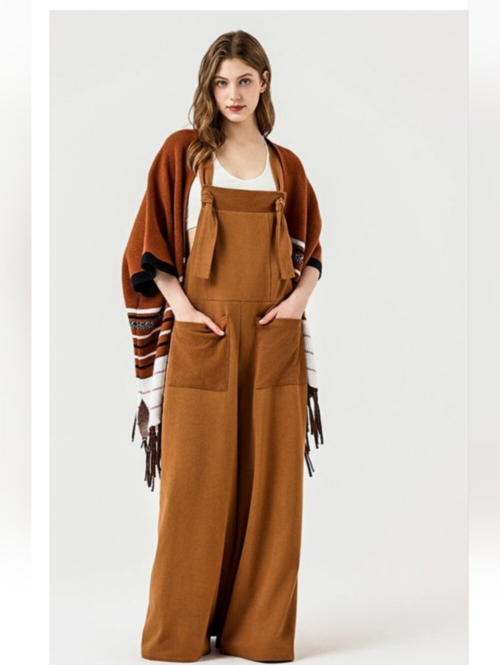 B10 Rust Brown Wide-Leg Knit Overalls